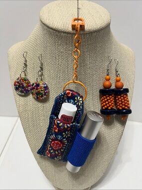 Gift Set OrangeBlue Floral Double Lip Balm Holder Keychain Purse Charm 2 Earring